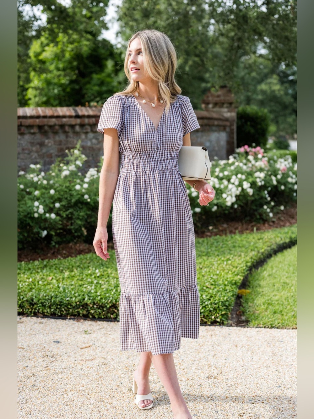 Duffield Lane Brown Gingham Smocked Waist Tiered Midi Dress NWT Size Large